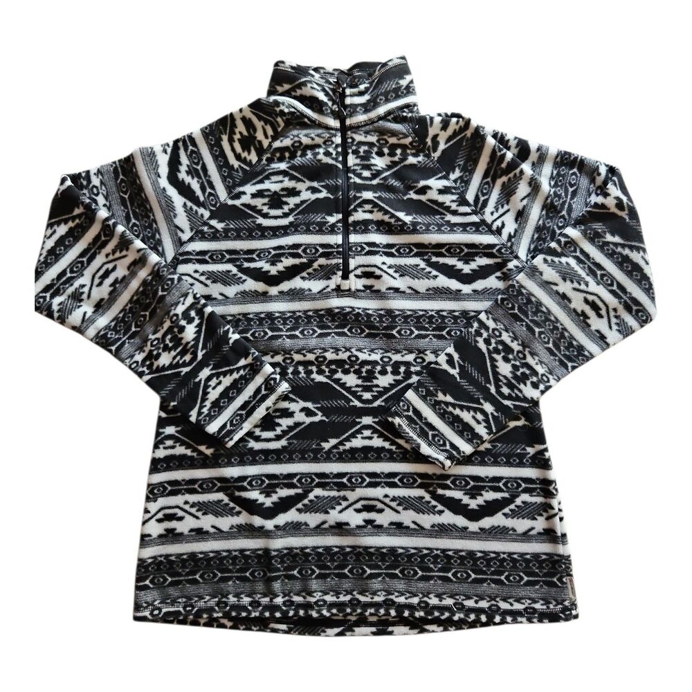 Eddie Bauer Fleece Pullover Jacket Size M Black White Aztec Print Quarter Zip